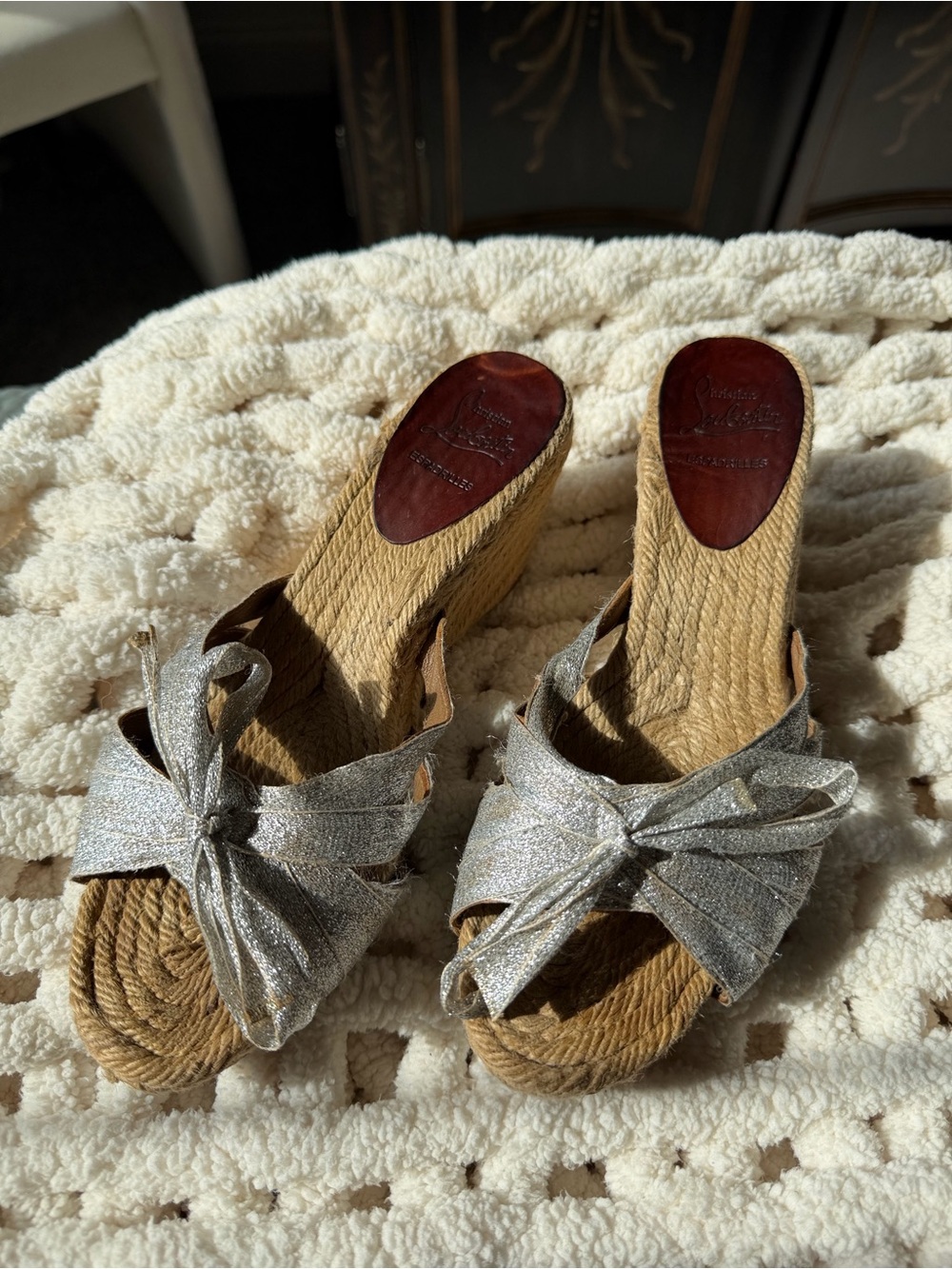 Christian Louboutin Silver Bow Espadrille Wedge Sandals